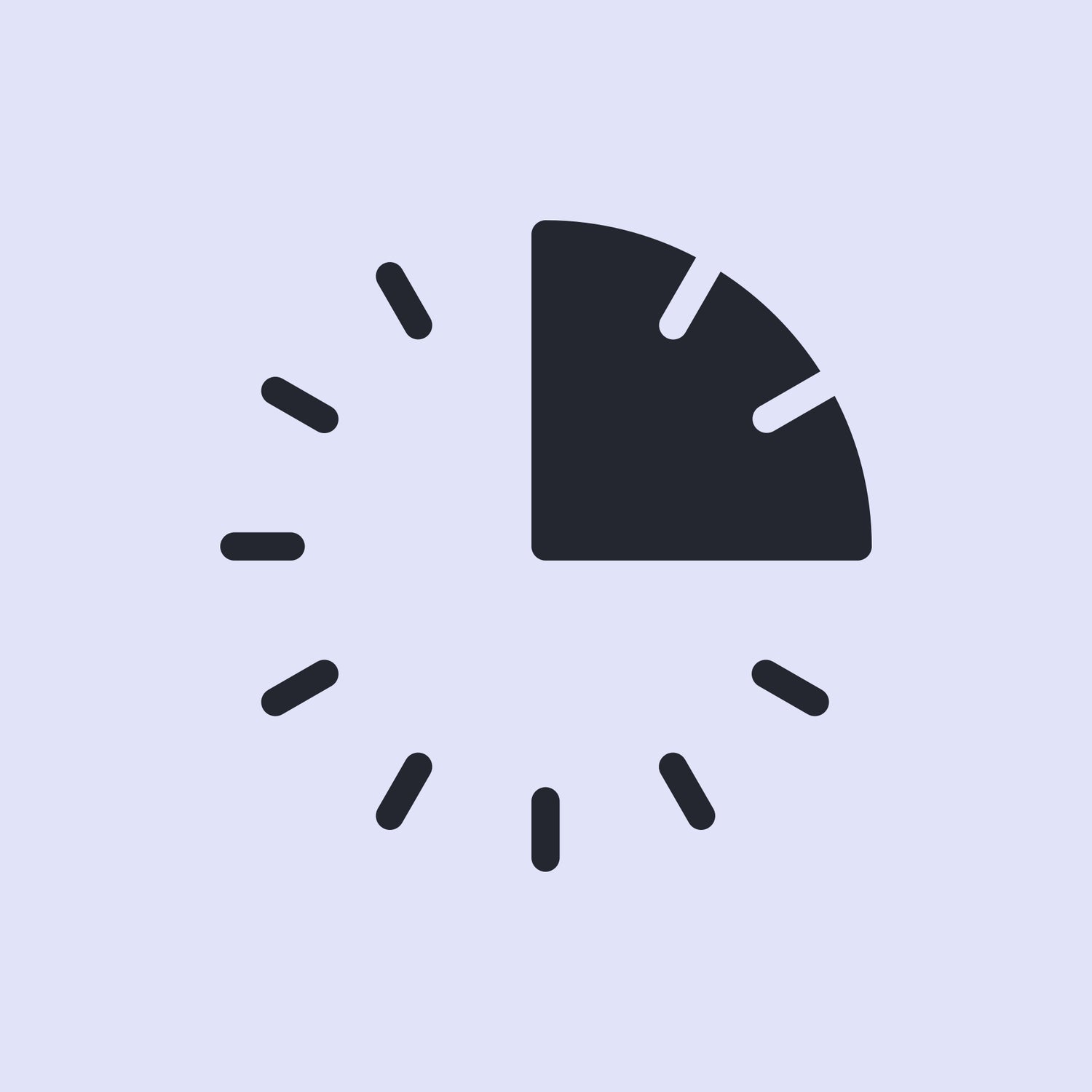 The image shows a simple icon of a clock or timer, with a quarter segment of the circle filled in, indicating a short period of time. The design suggests a waiting period or the passage of time, possibly as part of instructions, such as waiting for adhesive to set or dry. The background is light, and the clock-like icon is dark, creating a clear and minimalistic visual representation.