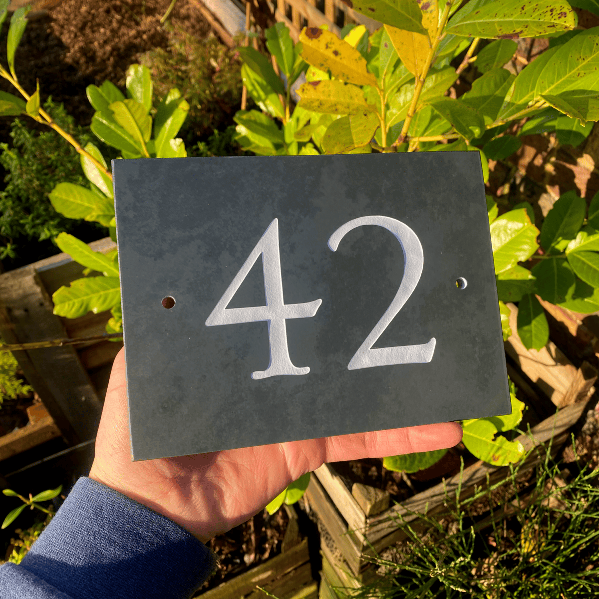 big and bold number 42 door number sign against green foliage