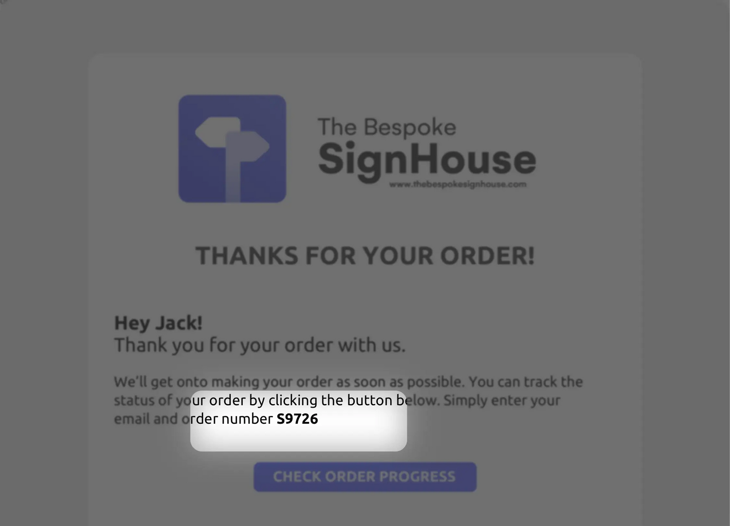 screenshot of the bespoke sign house order confirmation email with the order number circled in red on the bottom right