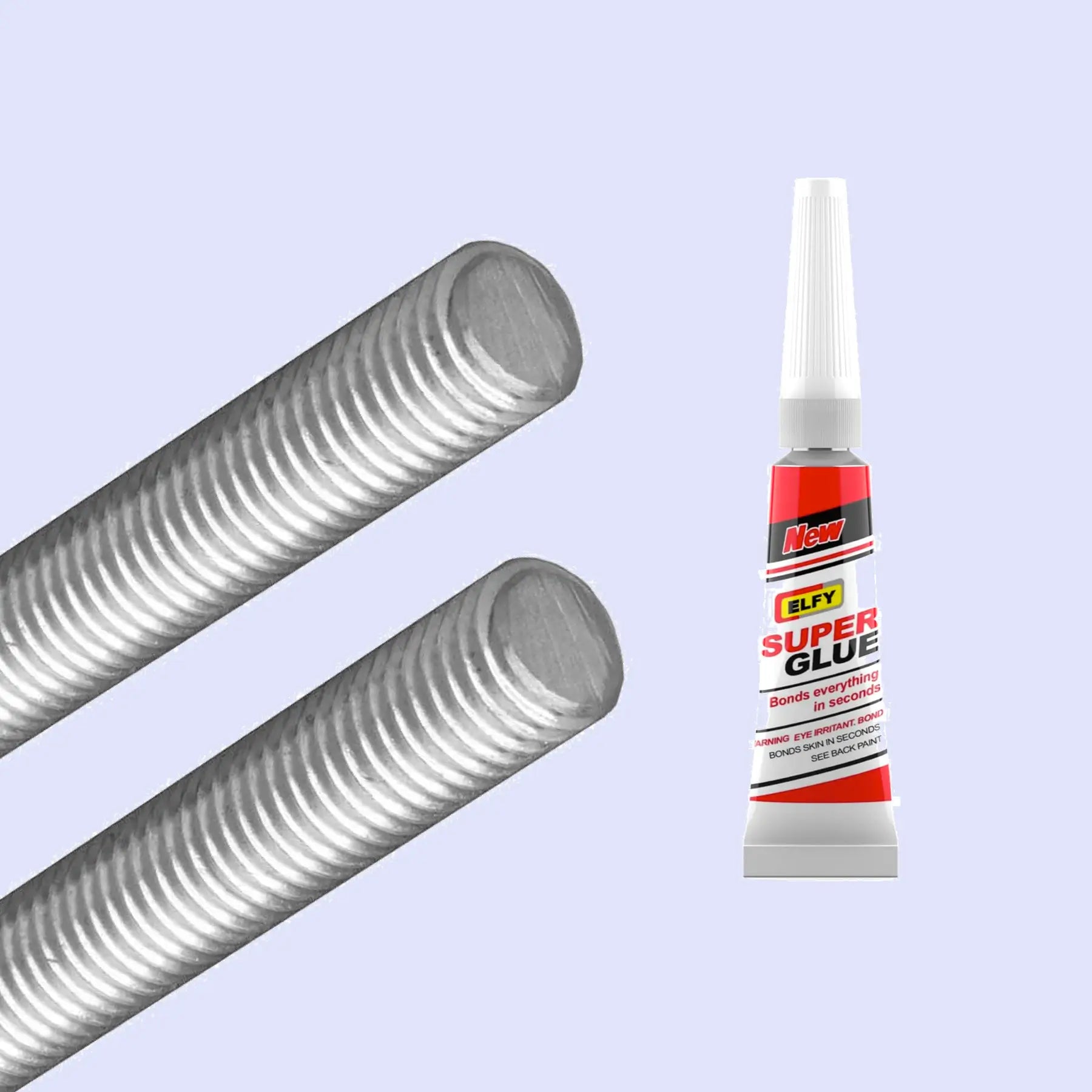 two threaded steel grey rods and one small super glue tubes on a grey background