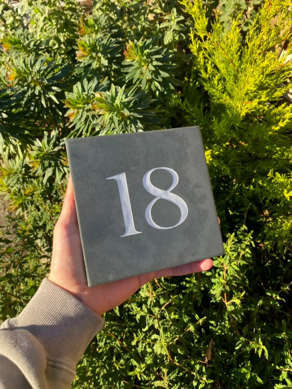 A hand holding a square slate house sign with the number "18" engraved on it, set against a background of lush green foliage.