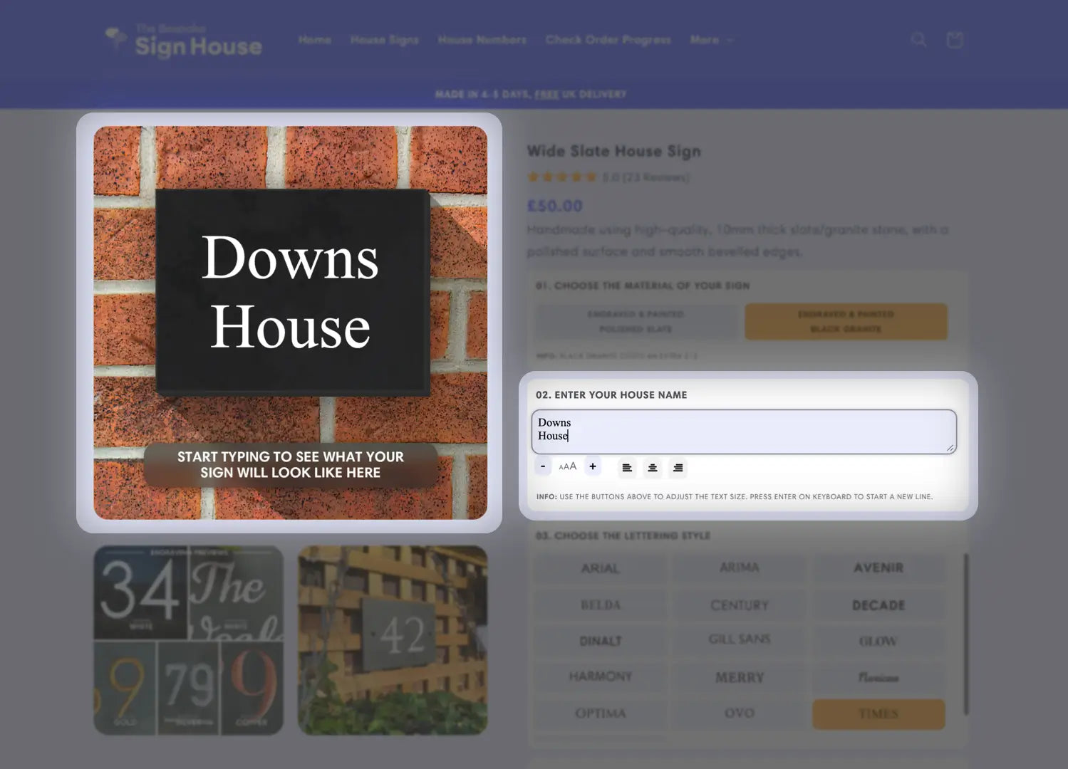 An instructional image illustrating a step in designing a house sign online. The image shows a computer screen displaying a design tool, where users can input and customize text, select fonts, and adjust layout options. Key areas of the interface are highlighted to help guide the user through the design process.