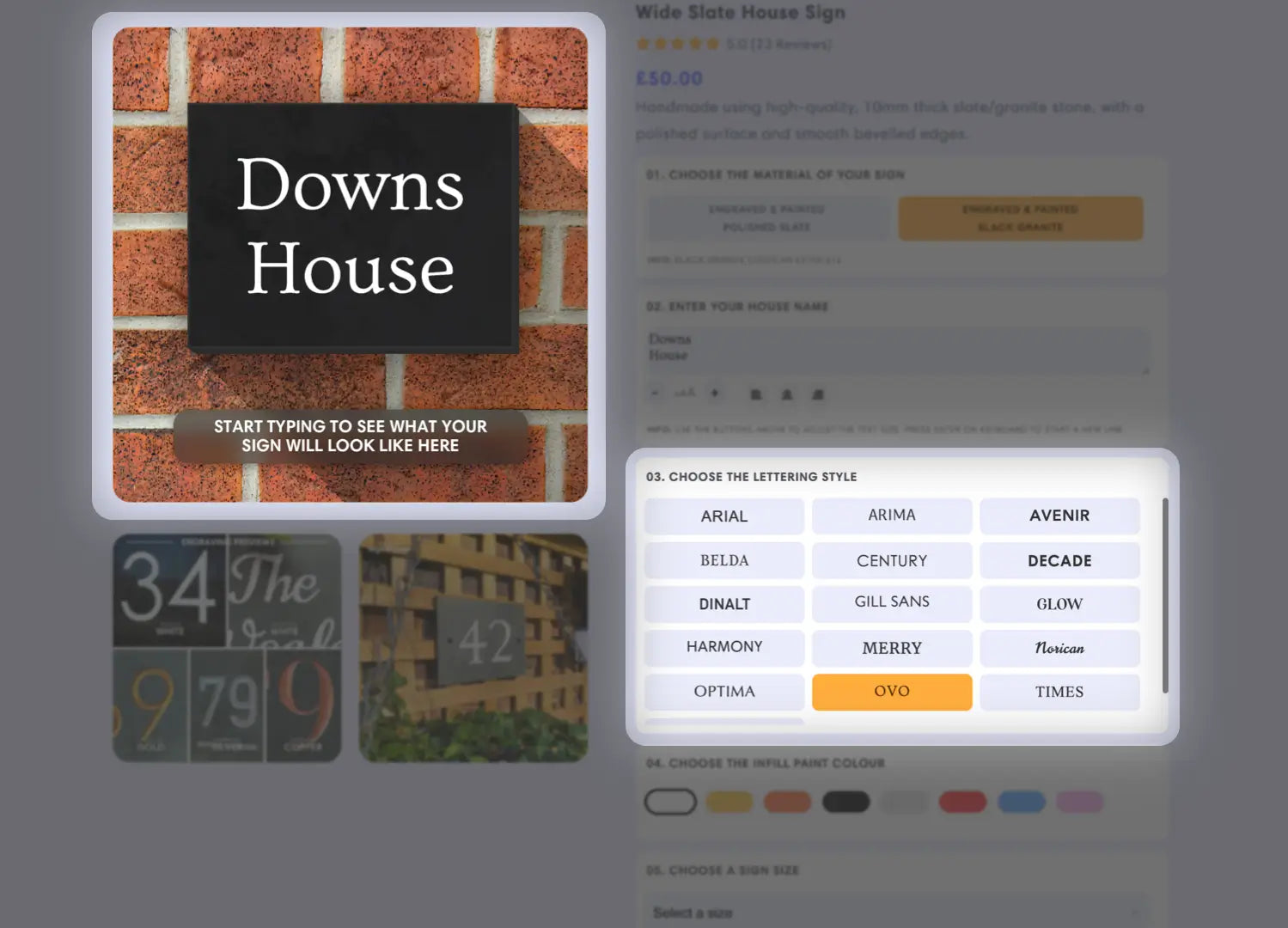 An instructional image showing a step in the online house sign design process. The image features a computer screen with a design interface where users can select and customize options such as text, font, and layout for their house sign. Highlighted sections on the screen guide the user through making specific design choices.