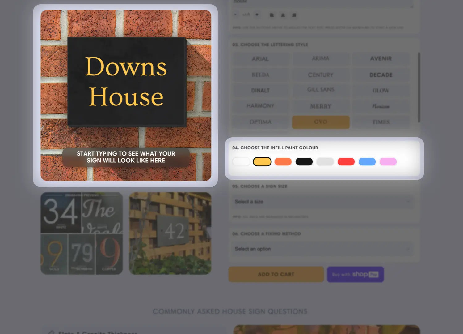 An instructional image showing a step in the process of designing a house sign online. The image features a computer screen displaying a preview of a house sign design, with options for editing text, choosing fonts, and adjusting layout settings. Specific areas on the screen are highlighted to guide the user through the customization process.