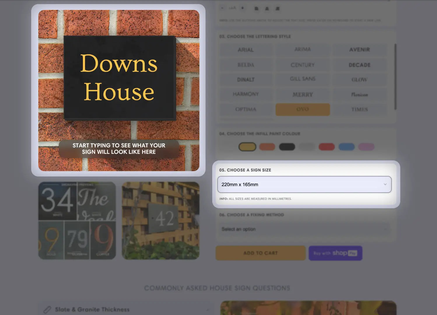 An instructional image showing a step in designing a house sign online. The image features a computer screen displaying a customization interface where users can adjust details such as text, font style, and layout. The screen highlights specific areas to guide the user through the design process, ensuring the correct customization of their house sign.