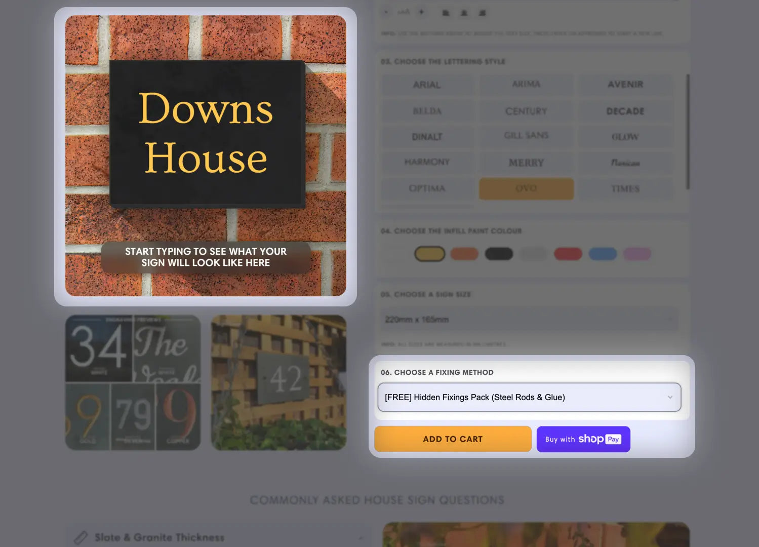 An instructional image showing a step in designing a house sign online. The image features a computer screen displaying a design interface, where users can customize their house sign by choosing options such as text, font, and layout. The screen is the focal point, with highlighted sections guiding the user on how to make selections and preview the design.