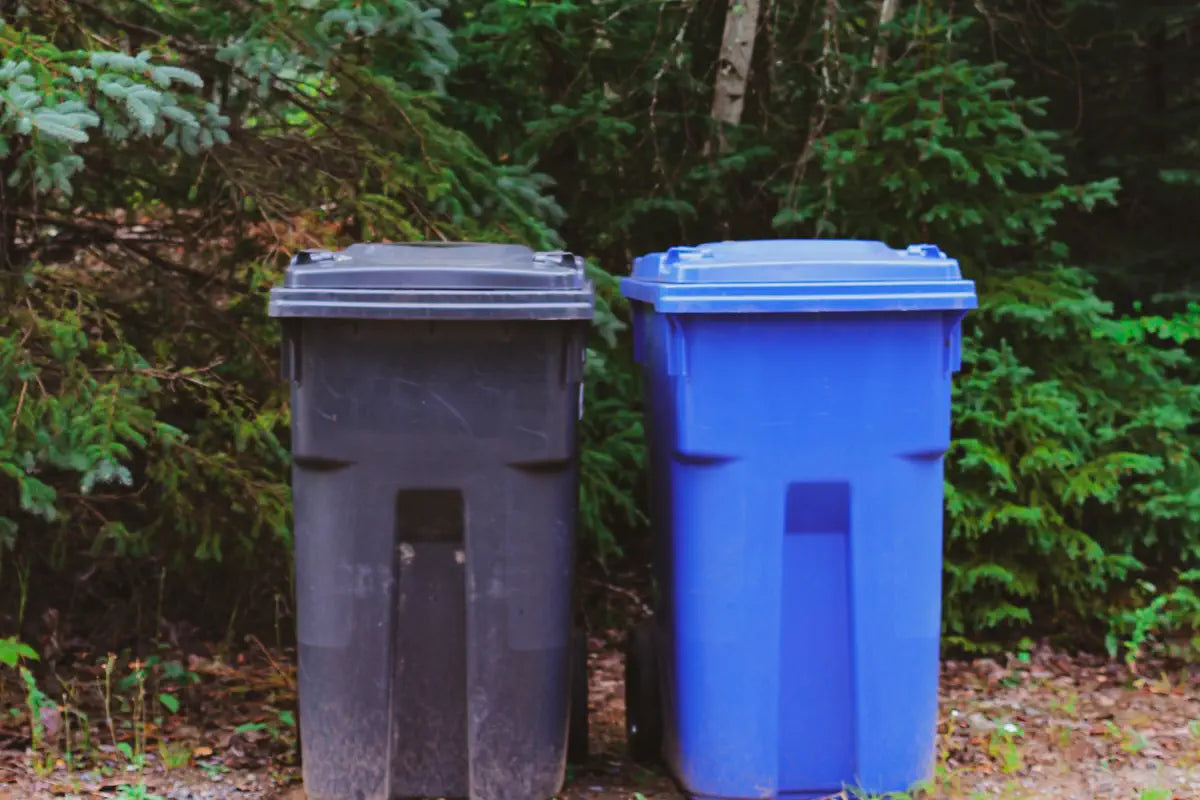 black and blue household wheelie bins