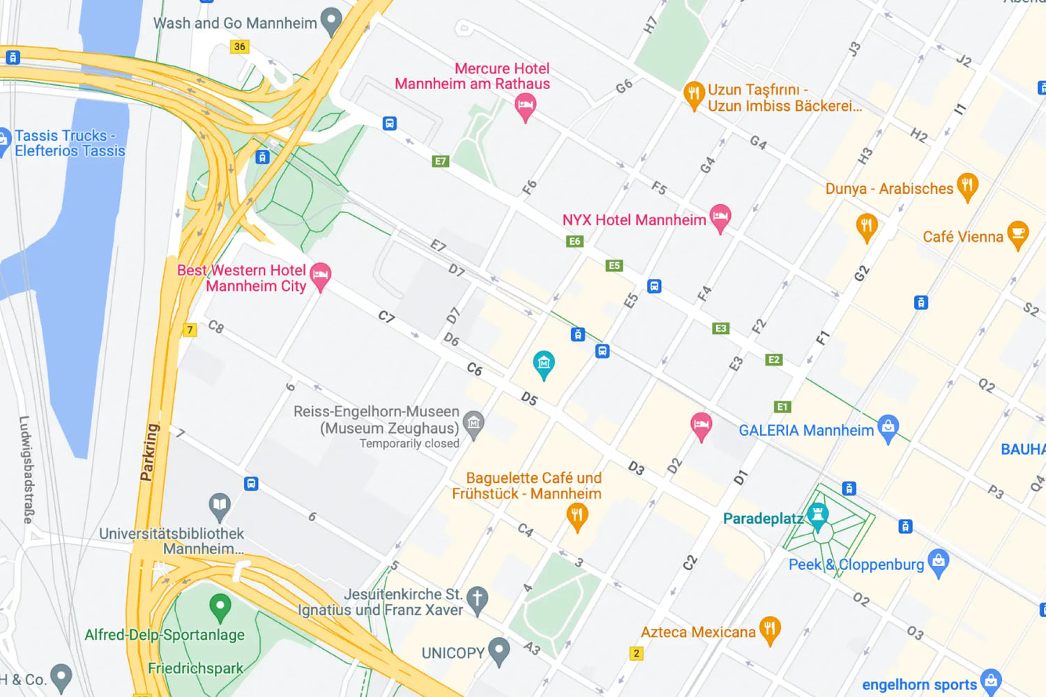 aerial map of mannheim city centre, showcasing the cities unusual road address system