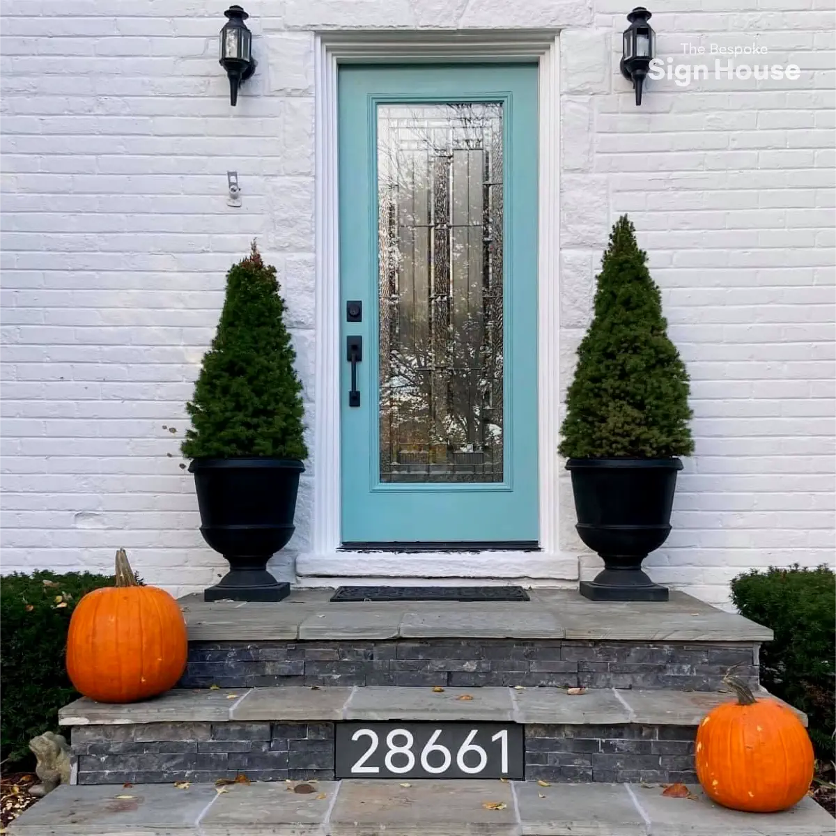 door entrance step sign with postcode number