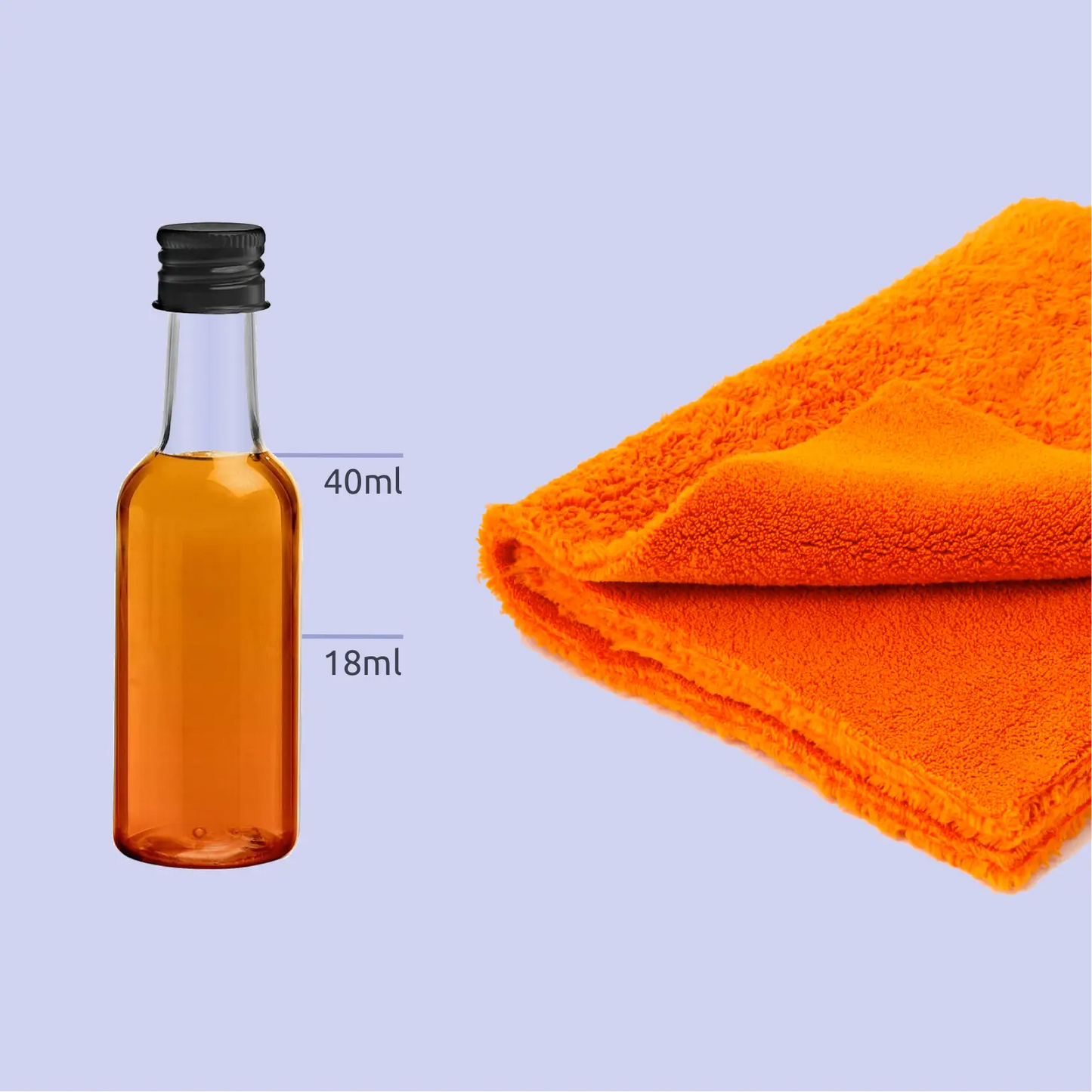 An image showing a bottle of slate oil next to a folded microfiber cloth, both placed on a slate surface, indicating their use in cleaning and maintaining the appearance of slate.