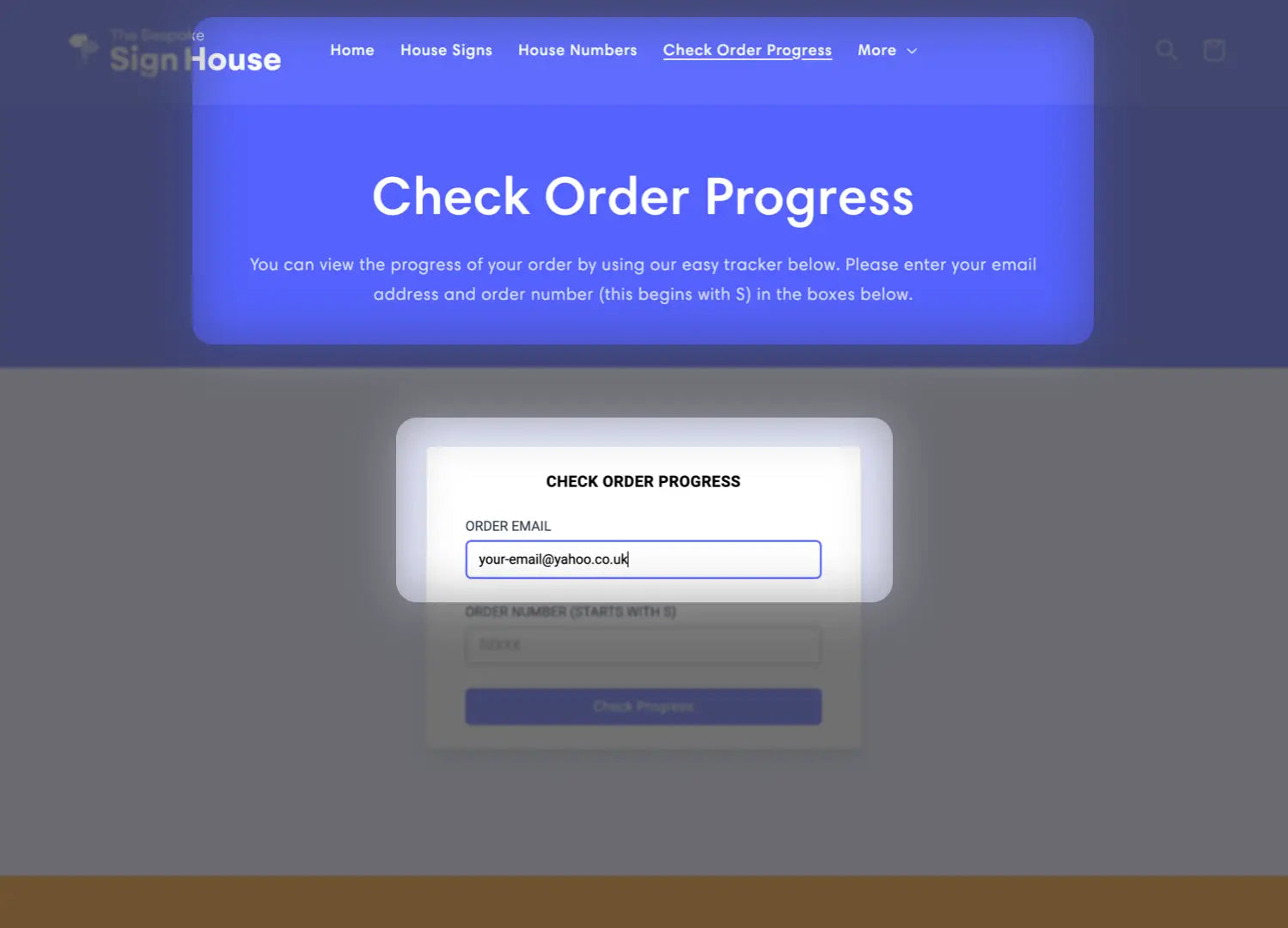 screenshot of where to type your email address on the bespoke sign house's order status tracker